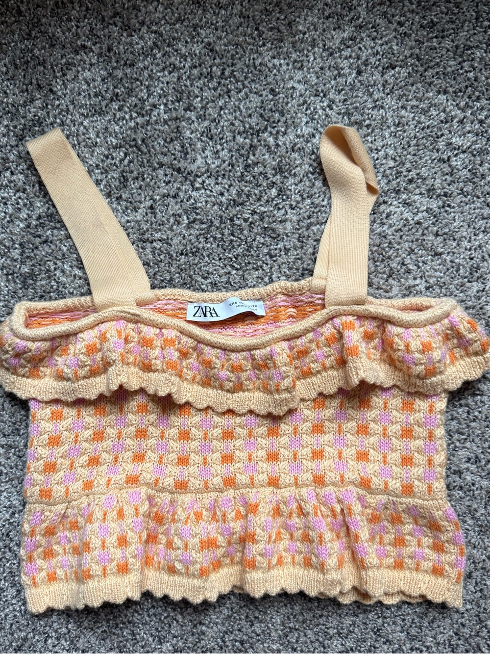 Zara Knit Ruffle Tank Top Pastel Orange Pink Checkered Crop Top Size Small